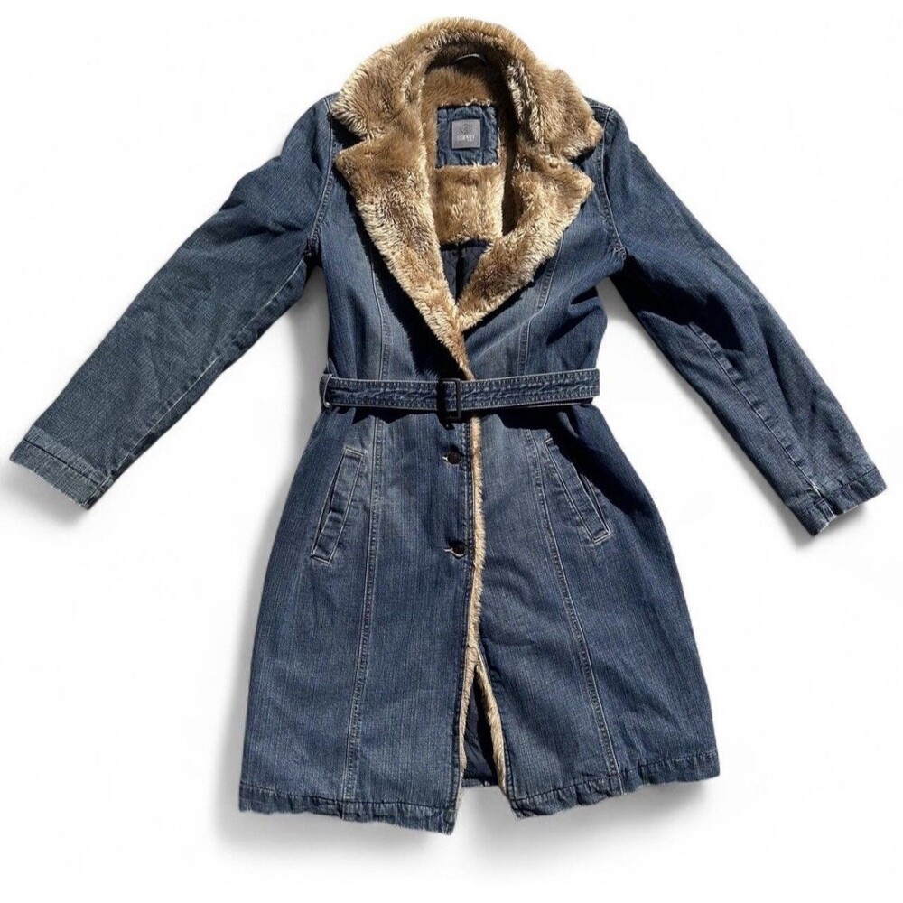 Y2K Esprit Jeans Women’s Small Denim Trench Coat Faux Fur Lined Belted